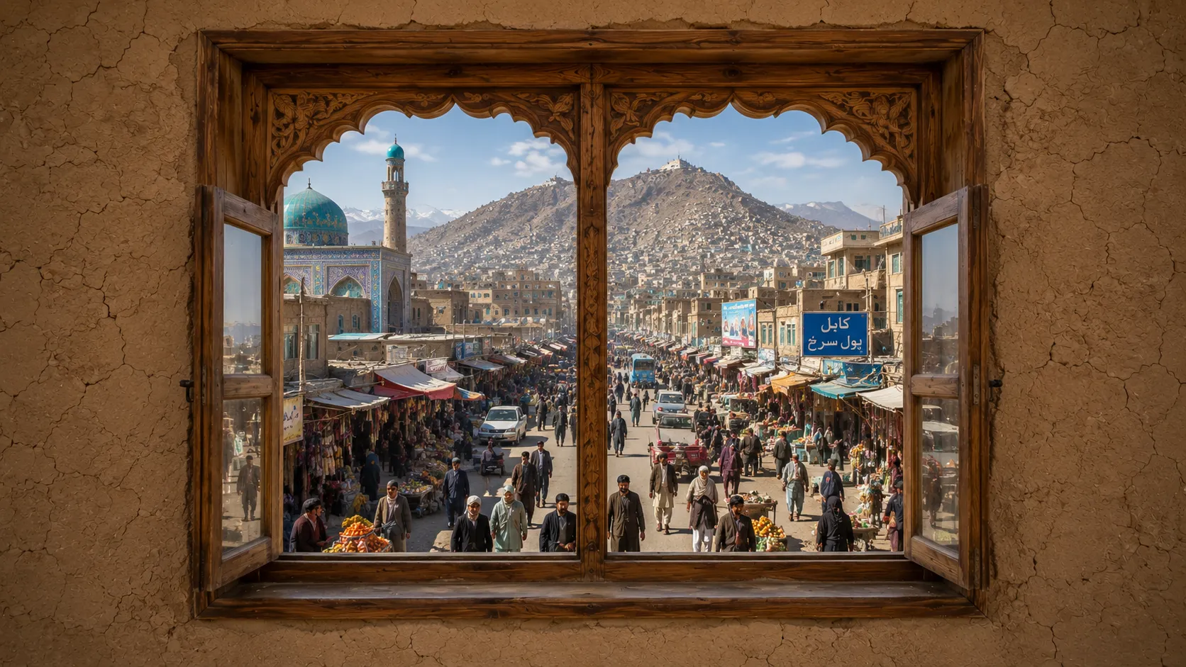 A carved Afghan window, its shutters open onto the hills and mosques of Kabul